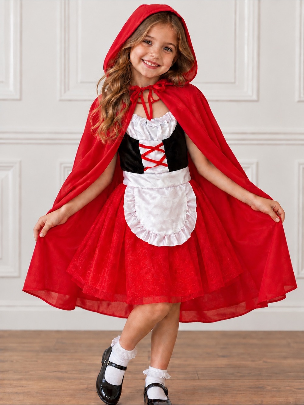LITTLE RED RIDING HOOD Costume with Red Hooded Cape Dress Halloween | Size S 4-6